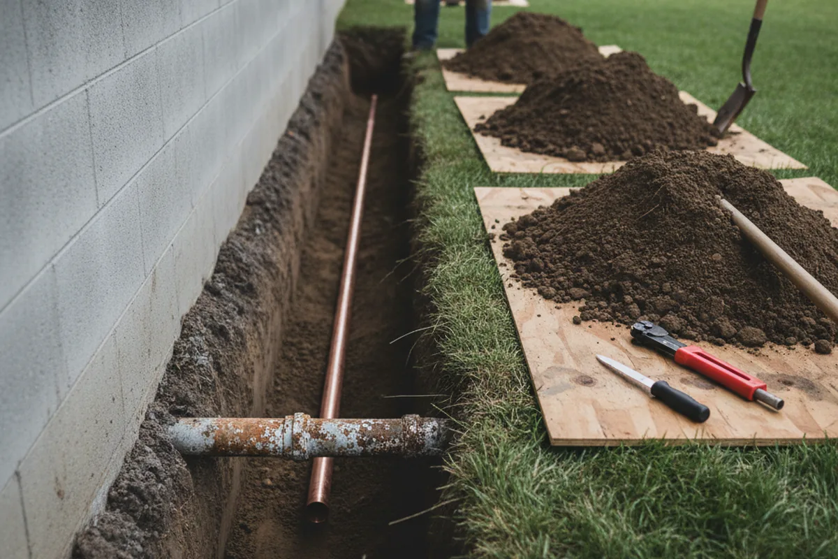 Excavated water line trench during Water Heater Repair in Hawi
